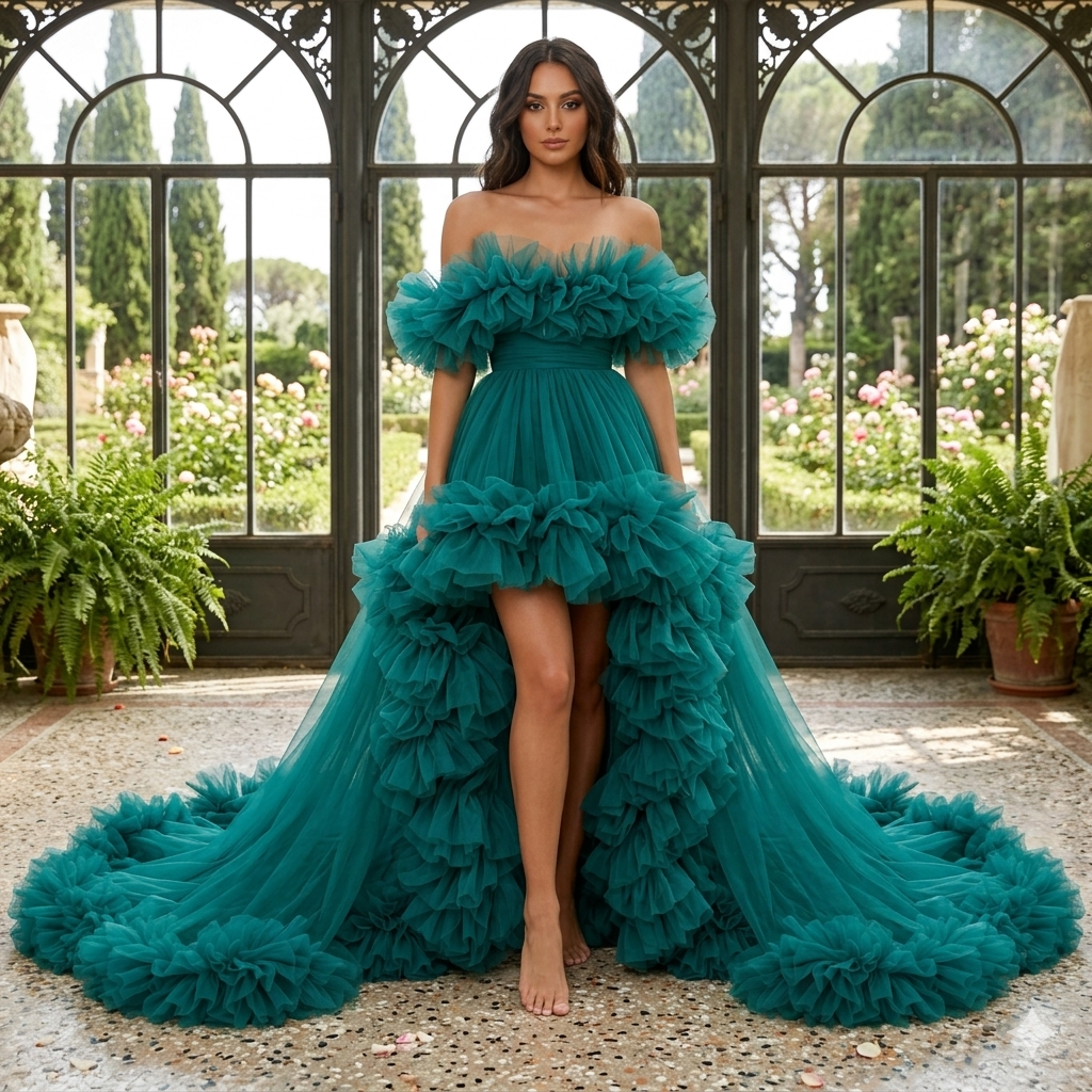 Teal Ruffle Tulle Gown – Off Shoulder High Low Formal Evening Prom Dress with Dramatic Train