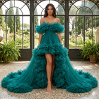 Teal Ruffle Tulle Gown – Off Shoulder High Low Formal Evening Prom Dress with Dramatic Train