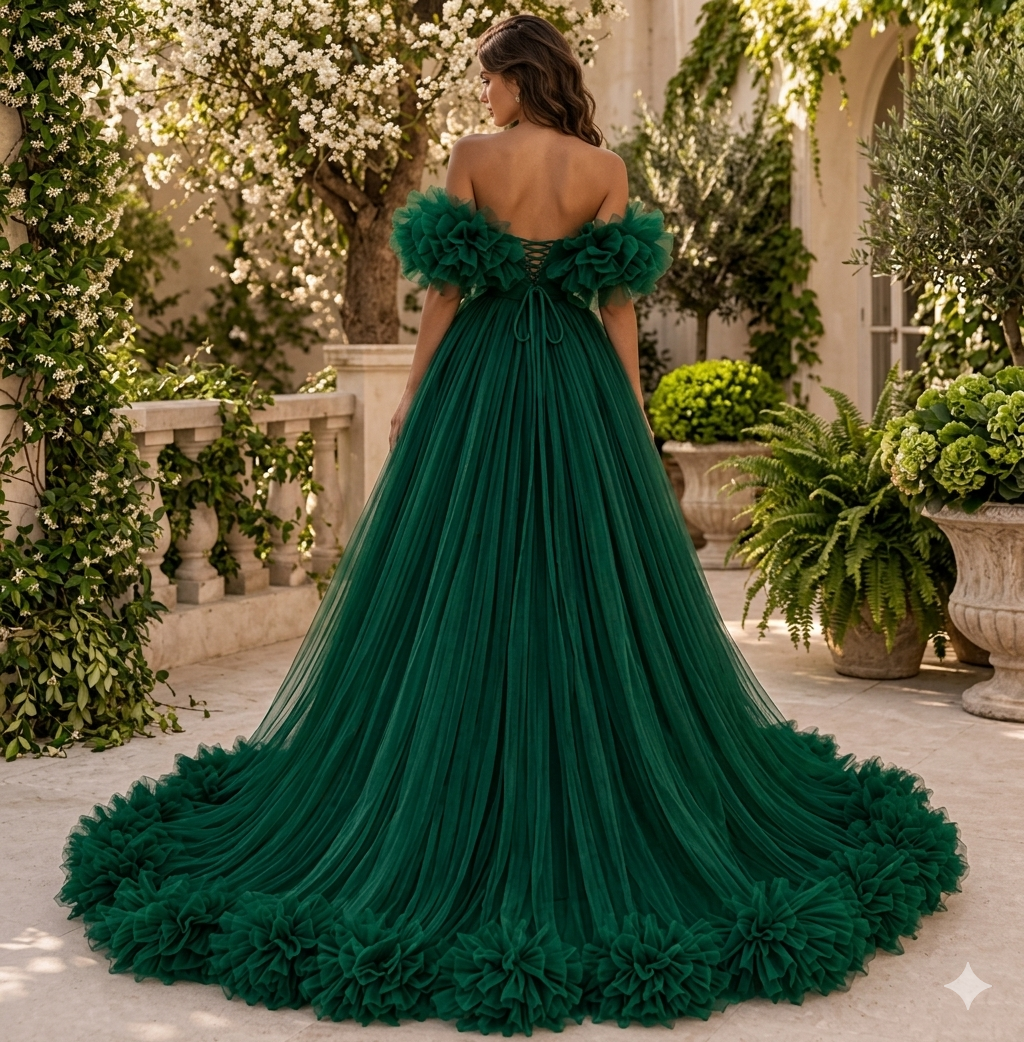Emerald Green Tulle Gown – High Low Ruffle Dress with Dramatic Long Train