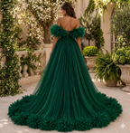 Emerald Green Tulle Gown – High Low Ruffle Dress with Dramatic Long Train