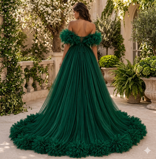 Emerald Green Tulle Gown – High Low Ruffle Dress with Dramatic Long Train