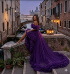 Luxury Purple Ruffle Tulle Gown – Off Shoulder Evening Dress with Dramatic Train
