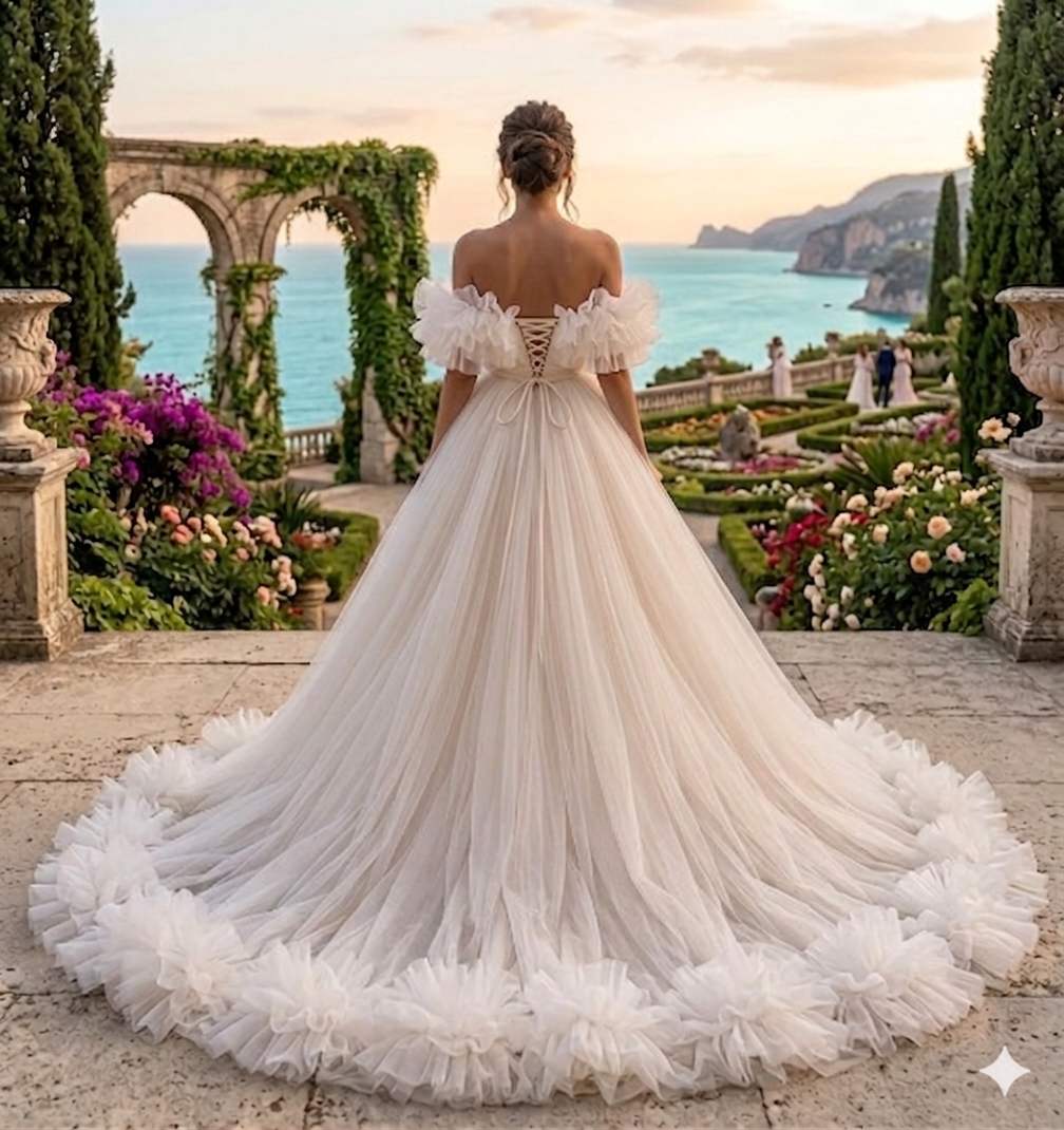 White Ruffle High Low Wedding Dress with Long Train – Off Shoulder Bridal Gown