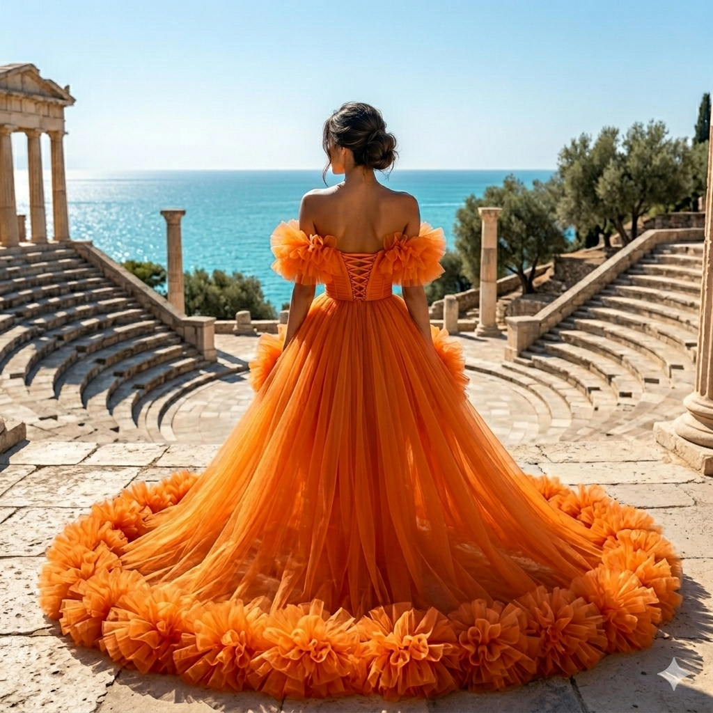 Orange Ruffle Flying Dress for Women Off Shoulder Tulle Couture Gown with Long Train