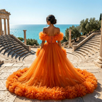 Orange Ruffle Flying Dress for Women Off Shoulder Tulle Couture Gown with Long Train