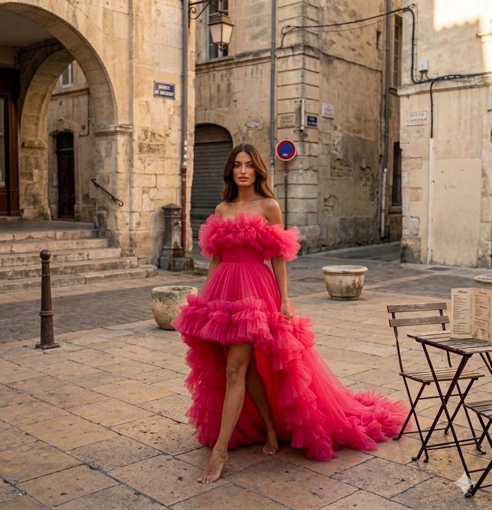 Hot Pink Tulle Dress, High Low Ruffle Gown, Off Shoulder Prom Dress, Long Train Formal Gown