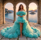 Turquoise Flying Dress with Long Train – Luxury Ruffle Photoshoot Gown for Women