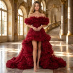 Burgundy Red Ruffle Tulle Gown Off Shoulder High-Low Evening Dress