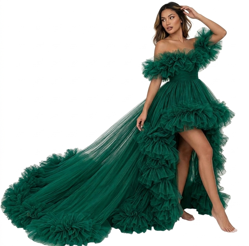 Emerald Green Tulle Gown – High Low Ruffle Dress with Dramatic Long Train