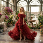 Burgundy Red Ruffle Tulle Gown Off Shoulder High-Low Evening Dress