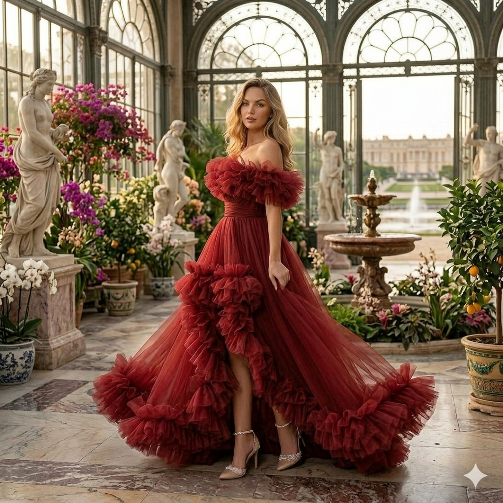 Burgundy Red Ruffle Tulle Gown Off Shoulder High-Low Evening Dress