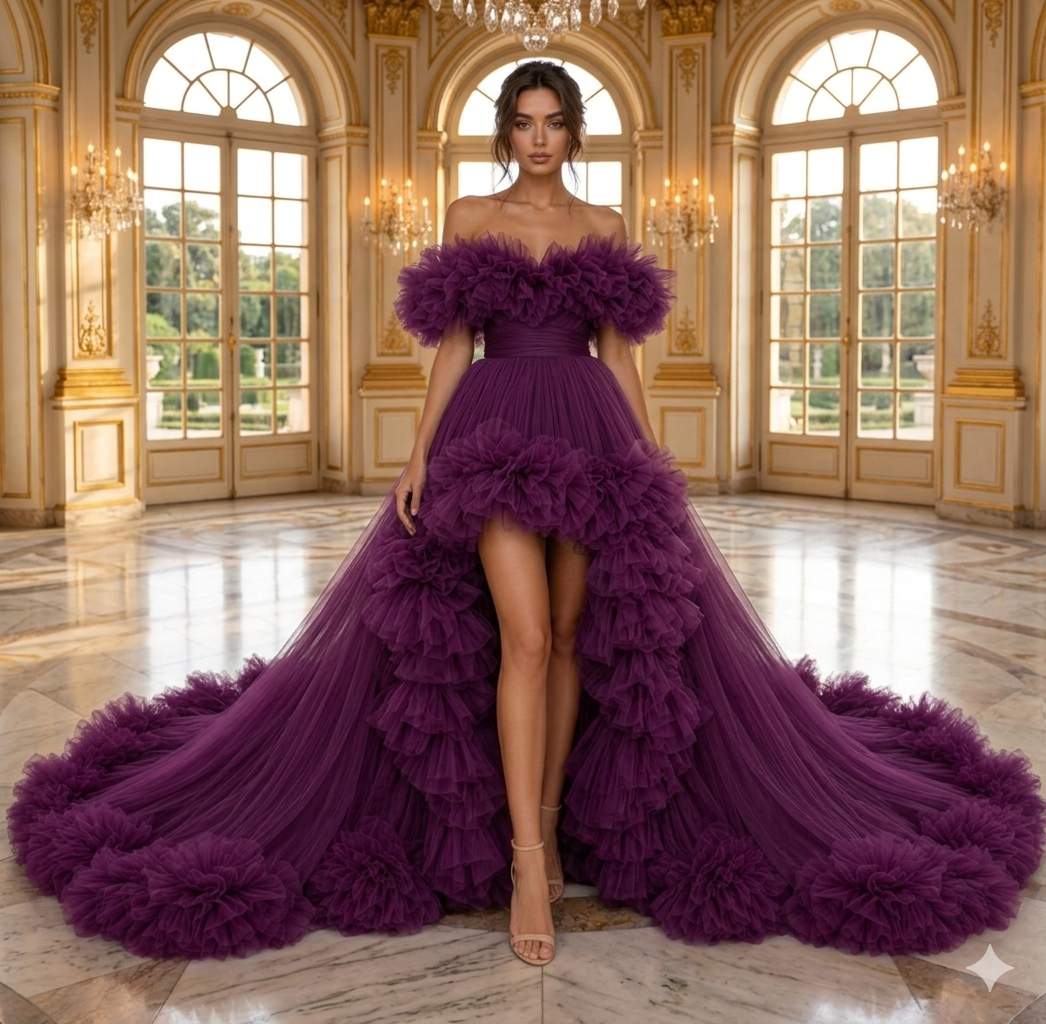 Elegant Purple Ruffle Dress for Women, Couture Maxi Gown, Destination Wedding Dress, Luxury Holiday Photoshoot Outfit