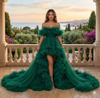 Emerald Green Tulle Gown – High Low Ruffle Dress with Dramatic Long Train