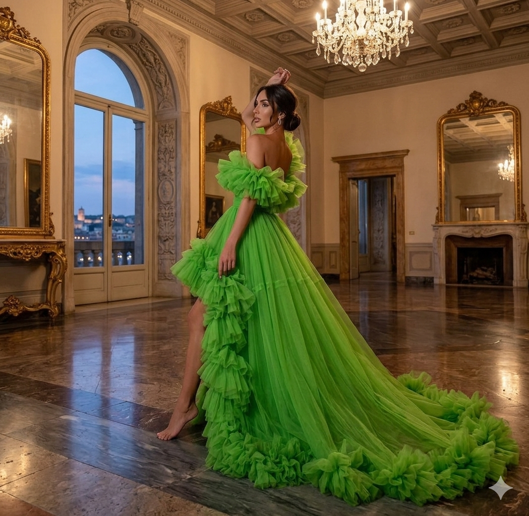 Lime Green Ruffle High Low Gown – Off Shoulder Tulle Formal Dress