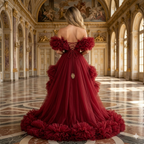 Burgundy Red Ruffle Tulle Gown Off Shoulder High-Low Evening Dress