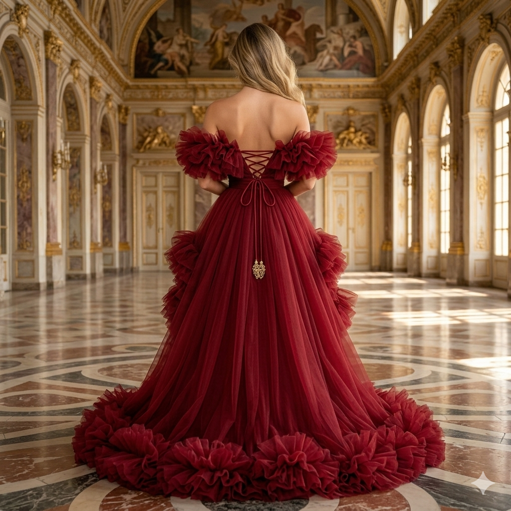 Burgundy Red Ruffle Tulle Gown Off Shoulder High-Low Evening Dress
