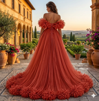 Coral Orange Ruffle Flying Dress – Off Shoulder Tulle Gown with Dramatic Train
