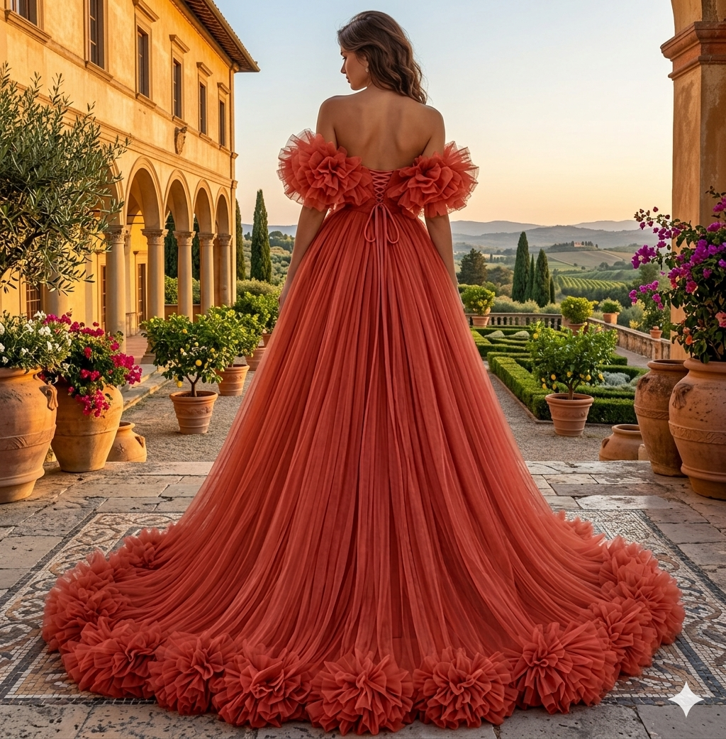 Coral Orange Ruffle Flying Dress – Off Shoulder Tulle Gown with Dramatic Train