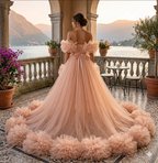 Peach Ruffle Tulle Gown – Off Shoulder High Low Luxury Evening Dress