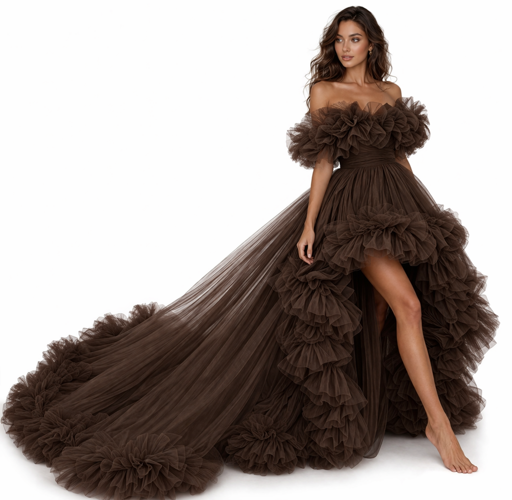 Elegant Brown Tulle Ball Gown with Floral Ruffles & Off Shoulder Design