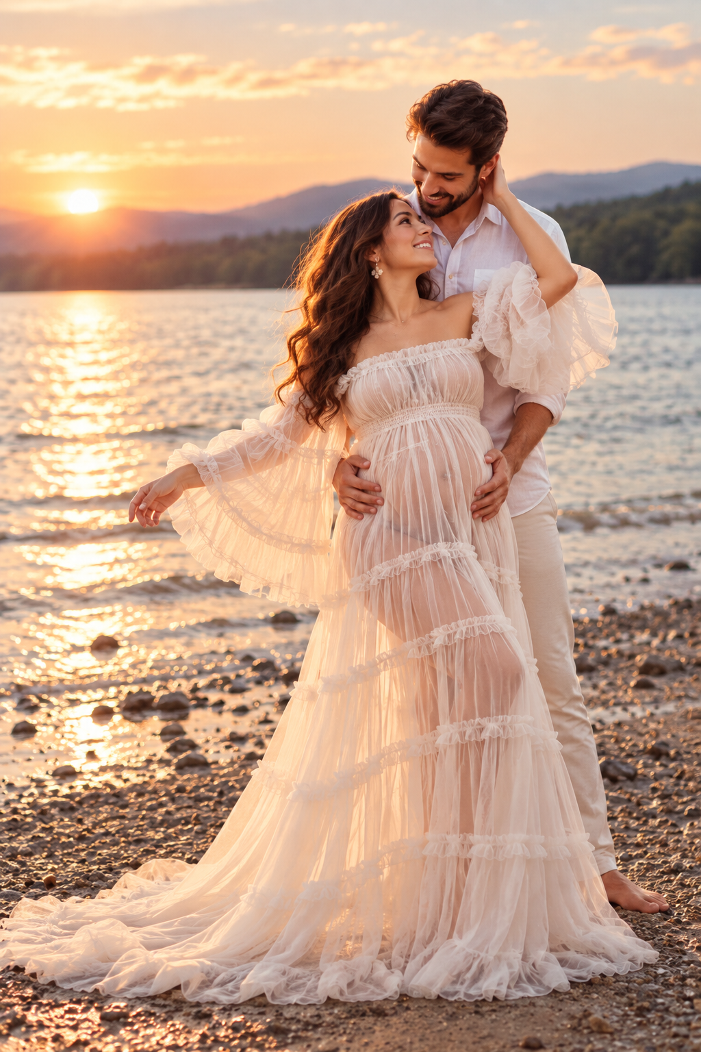 Net Maternity Pregnancy Gown Elegant Off Shoulder Ruffle Maxi Dress for Women
