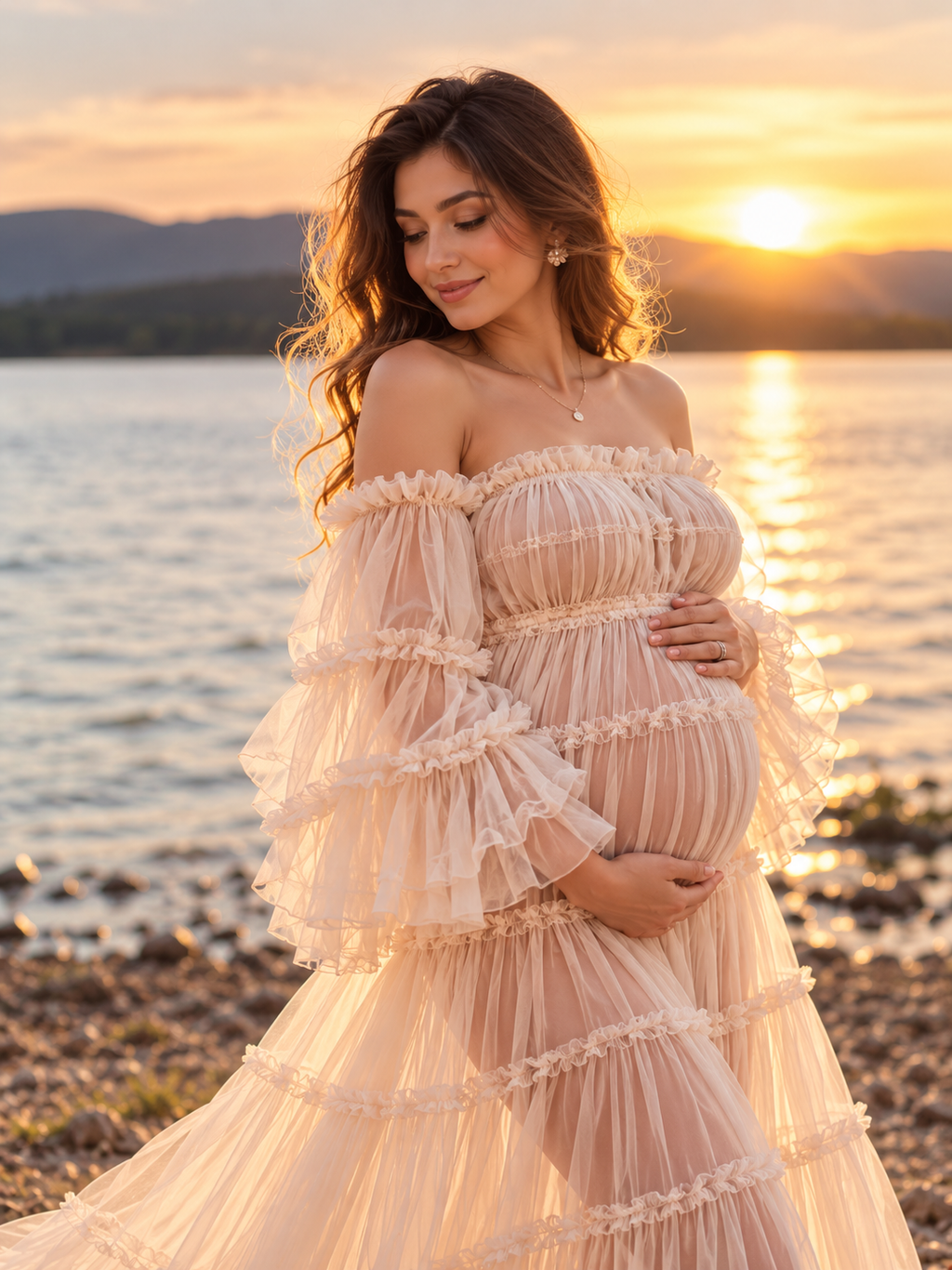 Net Maternity Pregnancy Gown Elegant Off Shoulder Ruffle Maxi Dress for Women
