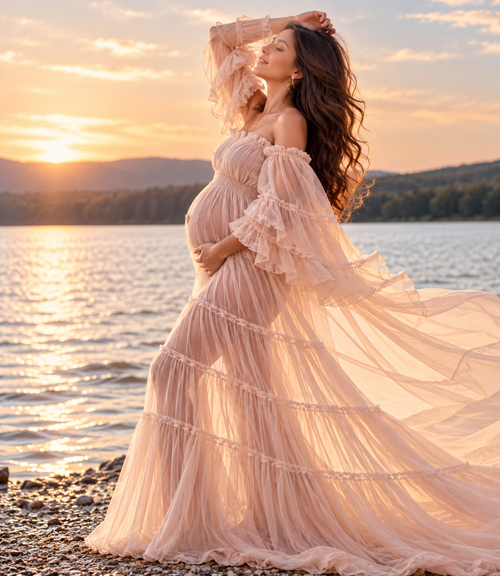 Net Maternity Pregnancy Gown Elegant Off Shoulder Ruffle Maxi Dress for Women