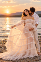 Net Maternity Pregnancy Gown Elegant Off Shoulder Ruffle Maxi Dress for Women