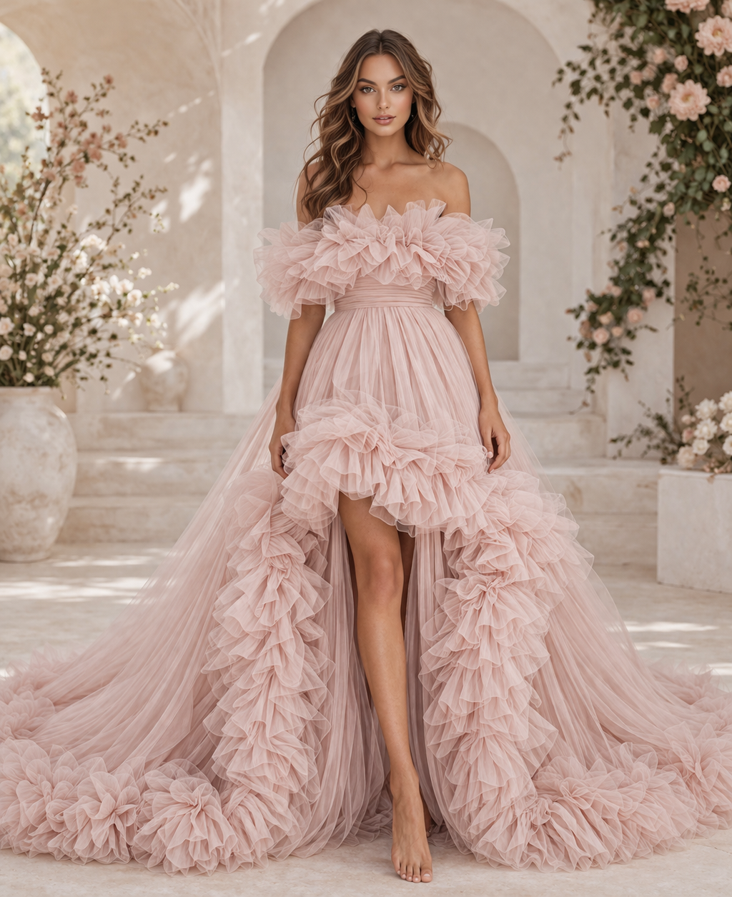 Blush Pink Ruffle Off Shoulder Maxi Dress Elegant Tulle Evening Gown