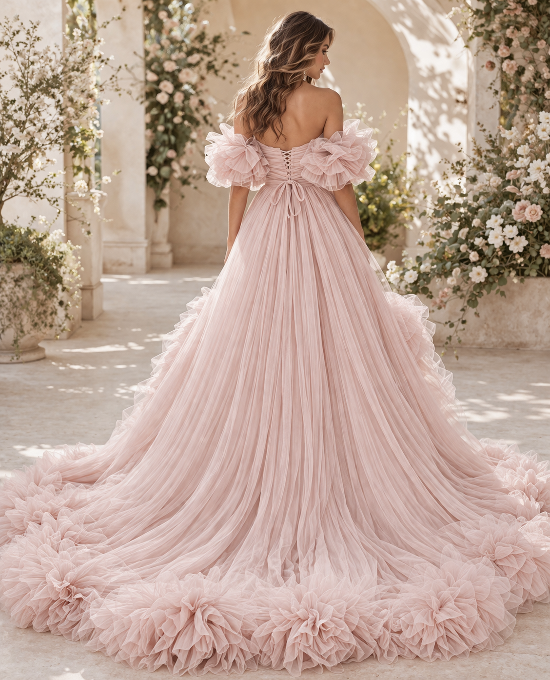 Blush Pink Ruffle Off Shoulder Maxi Dress Elegant Tulle Evening Gown