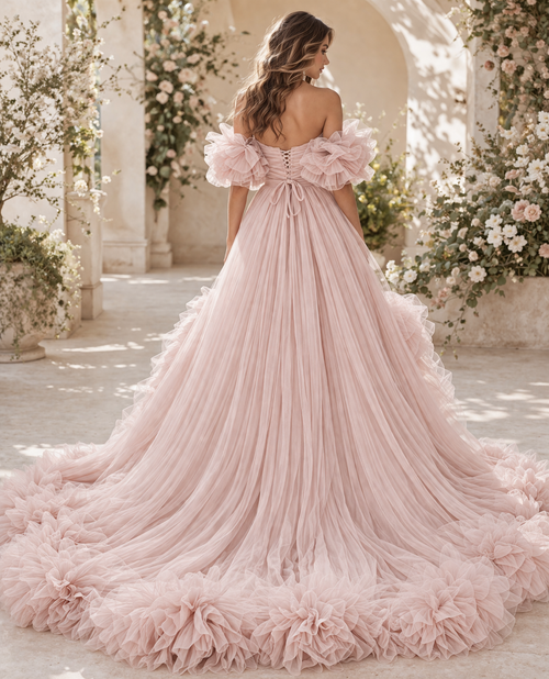 Blush Pink Ruffle Off Shoulder Maxi Dress Elegant Tulle Evening Gown