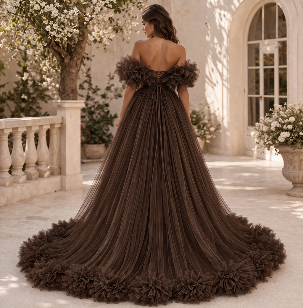 Elegant Brown Tulle Ball Gown with Floral Ruffles & Off Shoulder Design