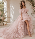 Blush Pink Ruffle Off Shoulder Maxi Dress Elegant Tulle Evening Gown