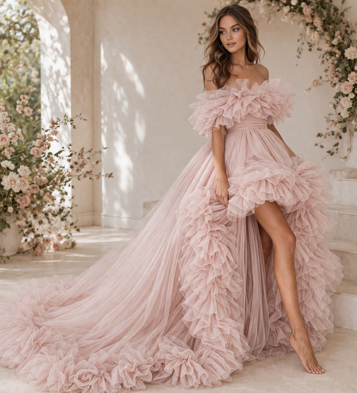 Blush Pink Ruffle Off Shoulder Maxi Dress Elegant Tulle Evening Gown