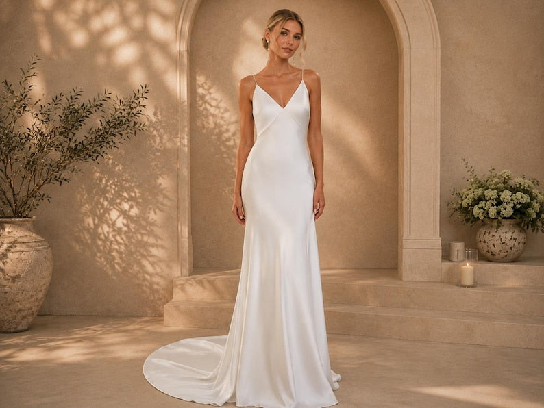 Simple Satin Bridal Gown, Backless Wedding Dress, Spaghetti Strap Bridal Dress, Elegant Ivory Wedding Gown