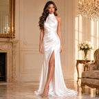 White Satin Bridal Gown with High Slit – Elegant Wedding Dress