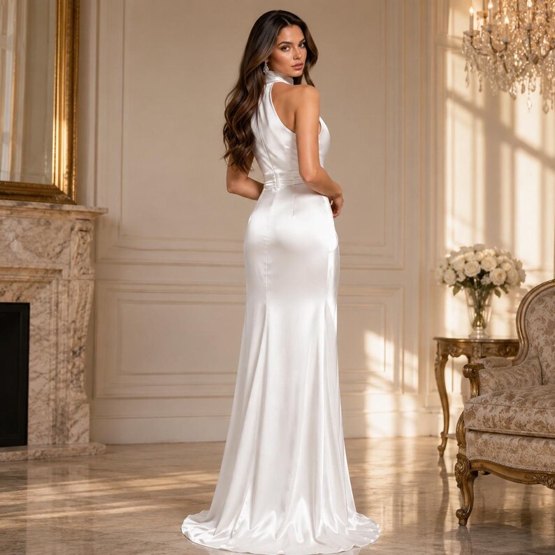 White Satin Bridal Gown with High Slit – Elegant Wedding Dress