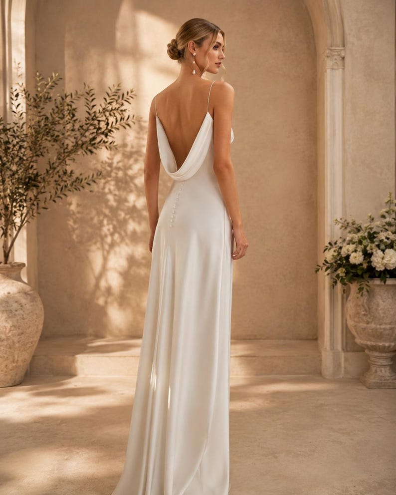 Simple Satin Bridal Gown, Backless Wedding Dress, Spaghetti Strap Bridal Dress, Elegant Ivory Wedding Gown
