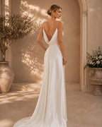 Simple Satin Bridal Gown, Backless Wedding Dress, Spaghetti Strap Bridal Dress, Elegant Ivory Wedding Gown