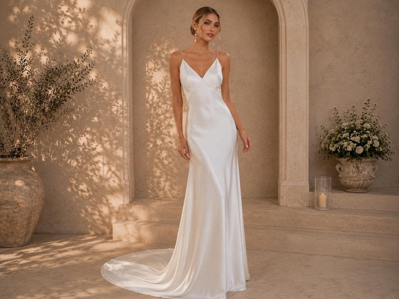 Simple Satin Bridal Gown, Backless Wedding Dress, Spaghetti Strap Bridal Dress, Elegant Ivory Wedding Gown