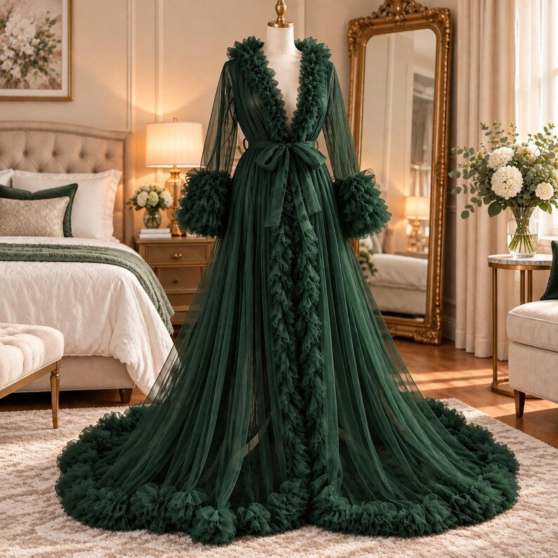 Tulle Ruffle Cape Dress for Women | Ruffle Trim Long Sleeve Evening Dress
