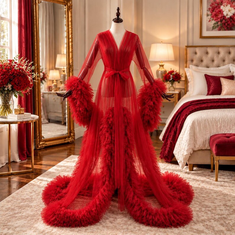 Tulle Robe Gown with Ruffle Sleeves & Long Train Elegant Formal Dress