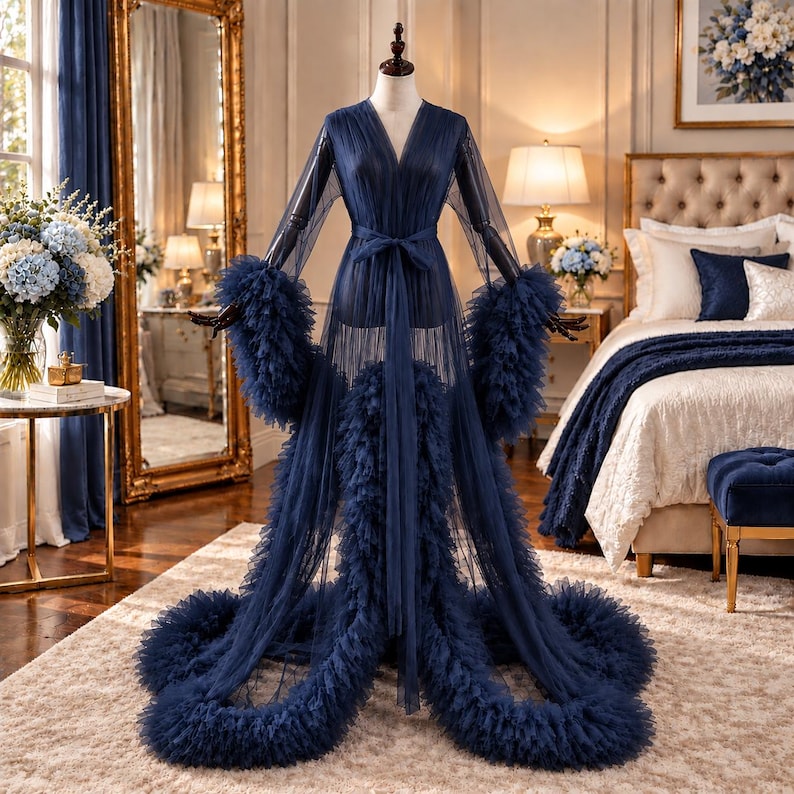 Tulle Robe Gown with Ruffle Sleeves & Long Train Elegant Formal Dress