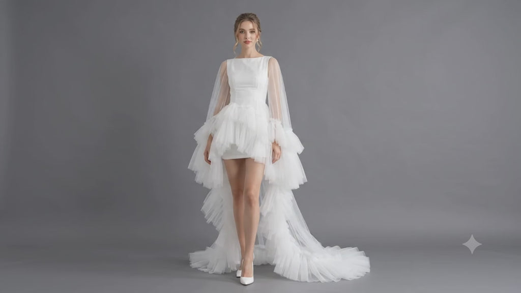 White Tulle Bridal Gown with Ruffle Sleeves & Long Train | Wedding Dress