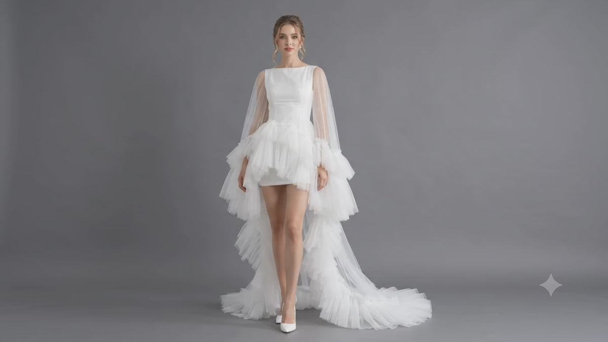 White Tulle Bridal Gown with Ruffle Sleeves & Long Train | Wedding Dress